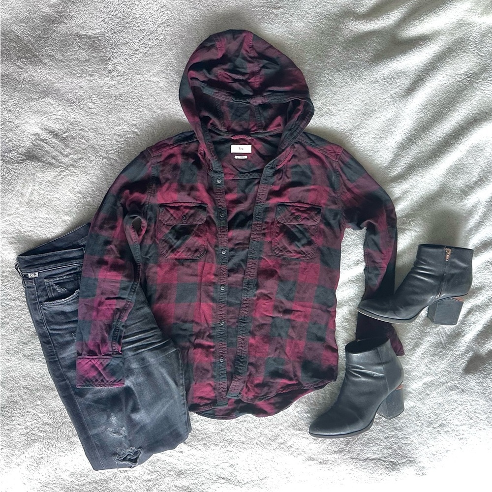 TNA 100% cotton Plaid Hooded Shirt